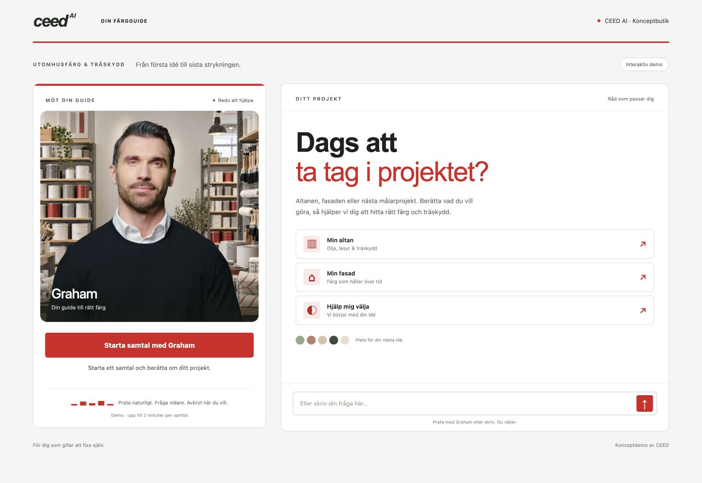 CEED AI concept demo: Graham, the on-screen avatar, beside a Swedish chat interface with project suggestions for decking and exterior paint.